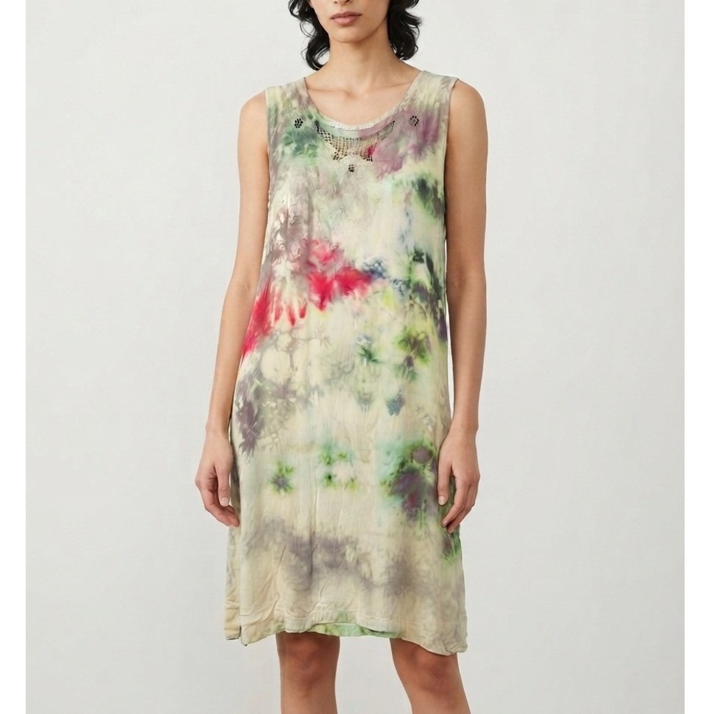 Vintage Jane Ashley Tie Dye Sleeveless Shift Dress Embroidered Neck Green Small